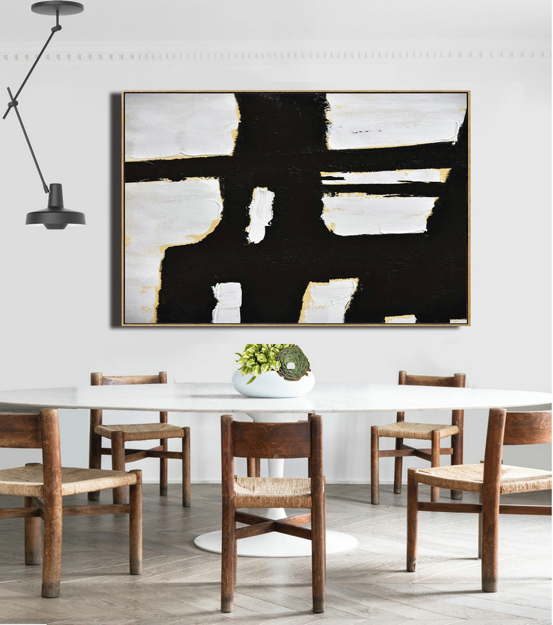 Original Abstract Painting Canvas Art,Horizontal Palette Knife Minimal Canvas Art Painting Black White Beige - Hand-Painted Contemporary Art